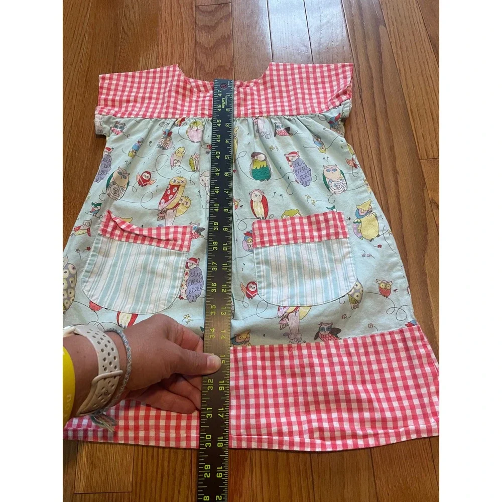 RedBeans Girls Owl Print Gingham Check Dress Blue Red 3T Short Sleeve Pockets